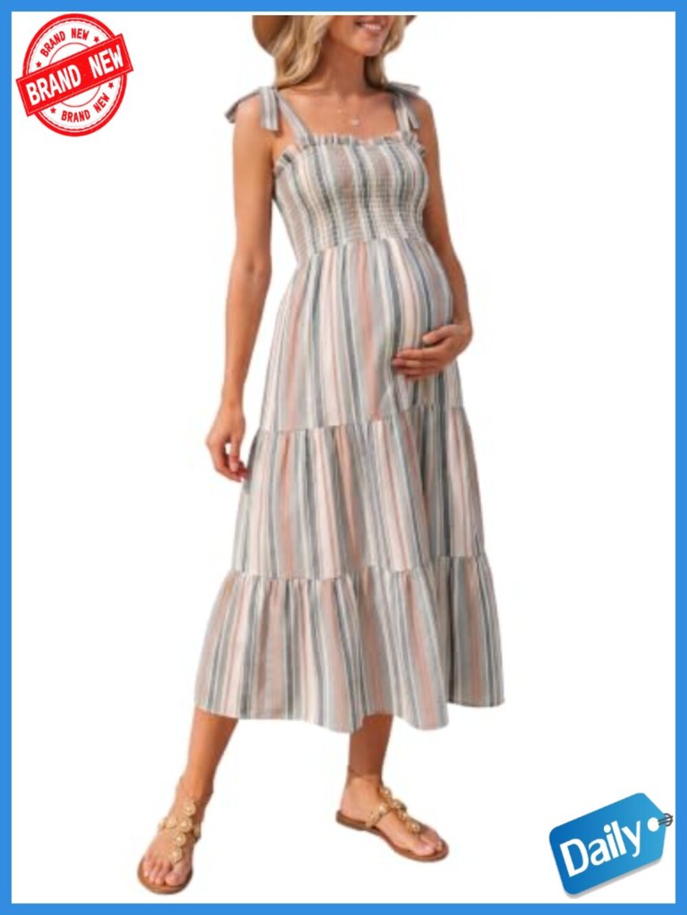 Smocked Maternity Dress with Pockets Adjustable Tie Straps Flowy Midi for Baby